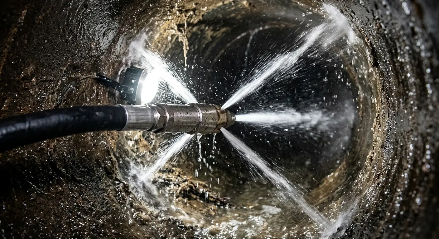 High-pressure hydro jetting nozzle cleaning sewer pipe for Sewer Cleanout in Donaldsonville