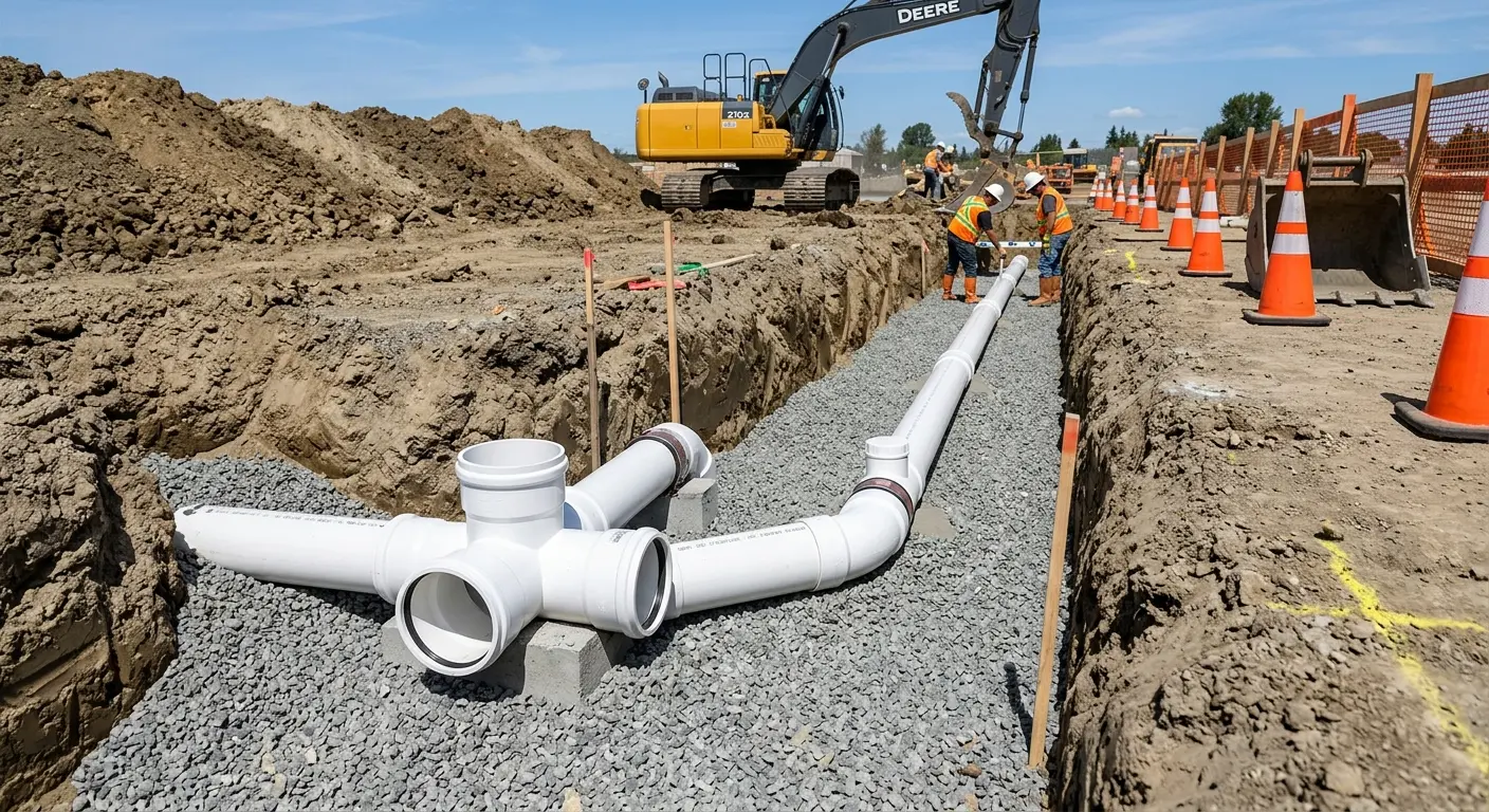 New PVC sewer pipe installation in open trench for Commercial Drain Cleaning in Donaldsonville