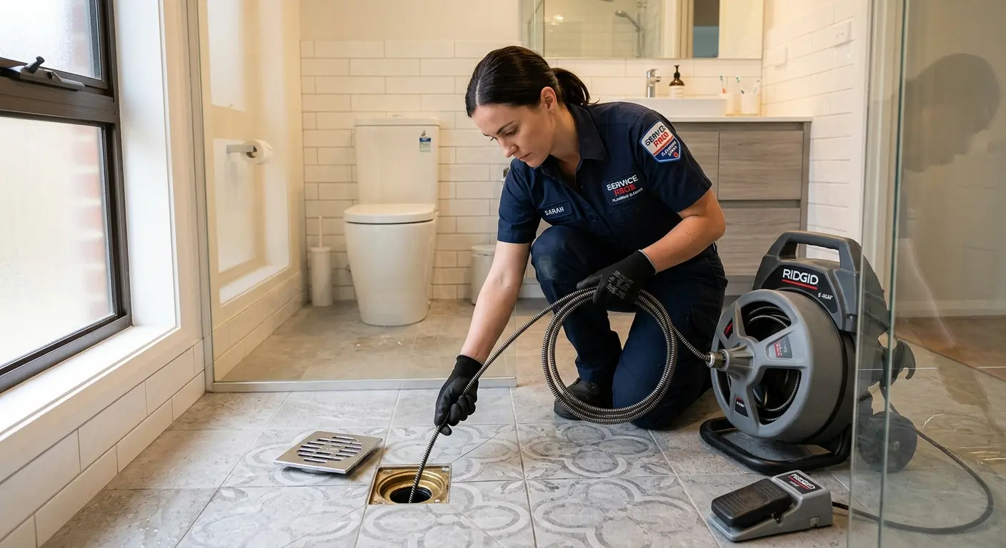 Technician clearing a bathroom floor drain for Drain Repair in Donaldsonville